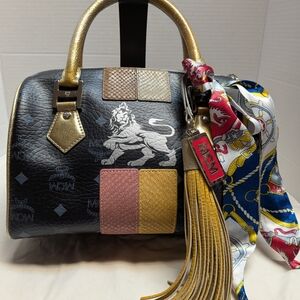 MCM Black Leather Tote with Gold Handles and Multicolor Accents